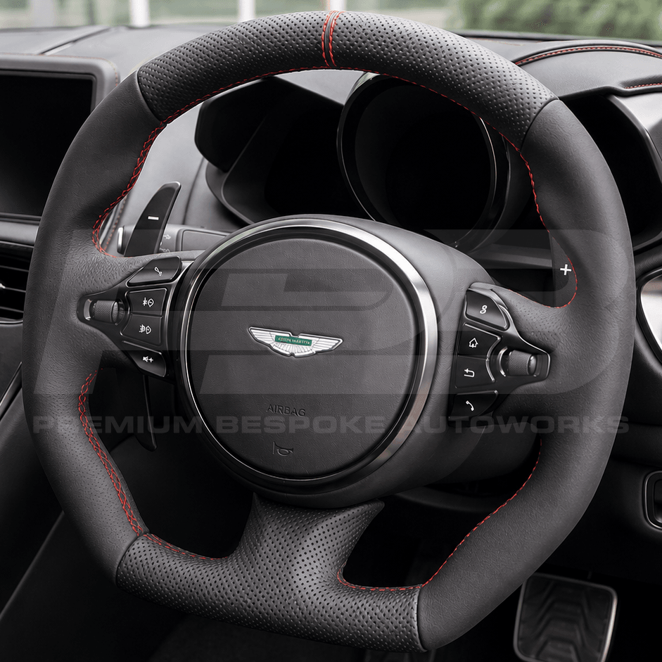 Aston Martin custom steering wheel, hand-finished by Premium Bespoke AutoWorks
