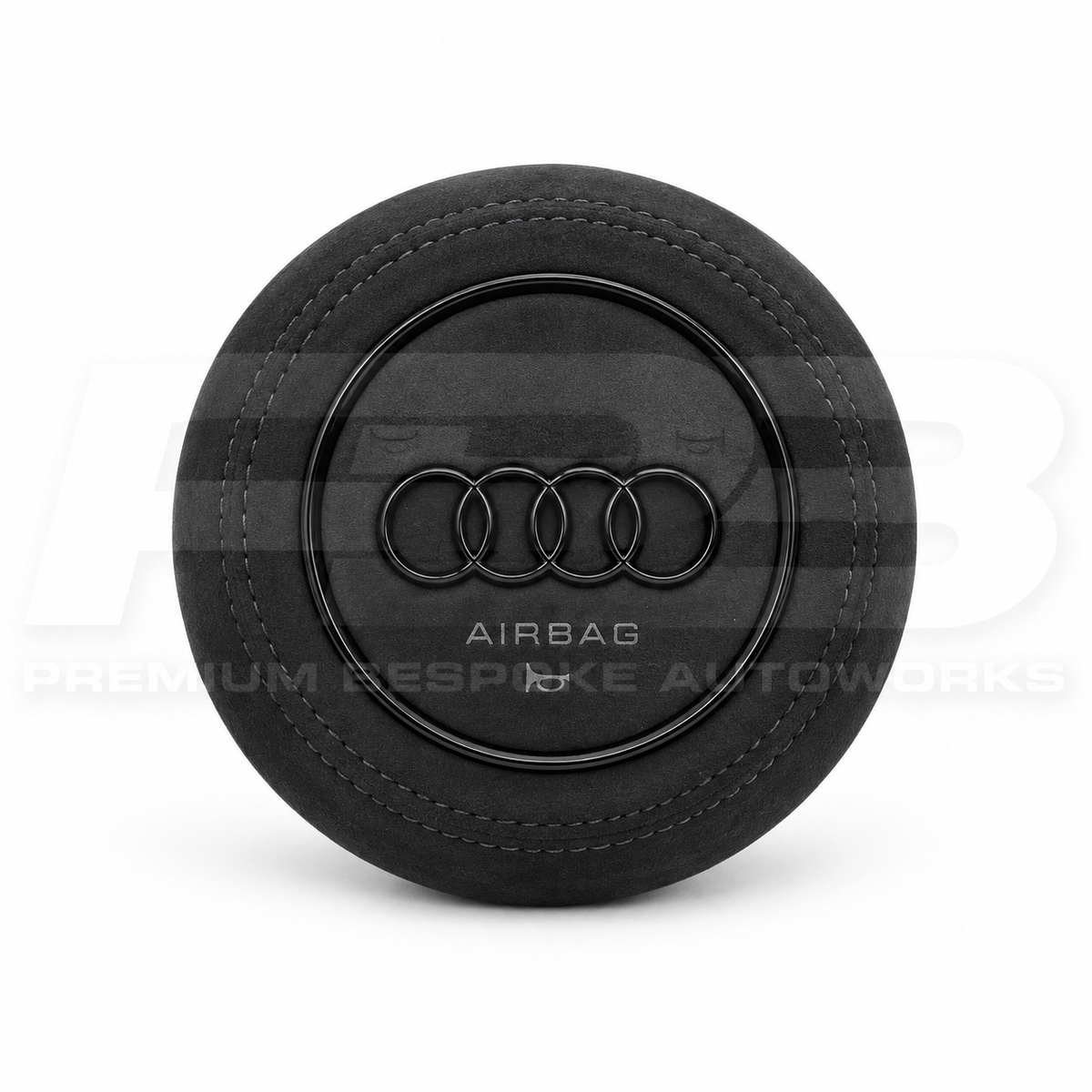 Audi RS3 8V custom airbag cover in black leather with black stitching, front view, replaces the original plastic cover