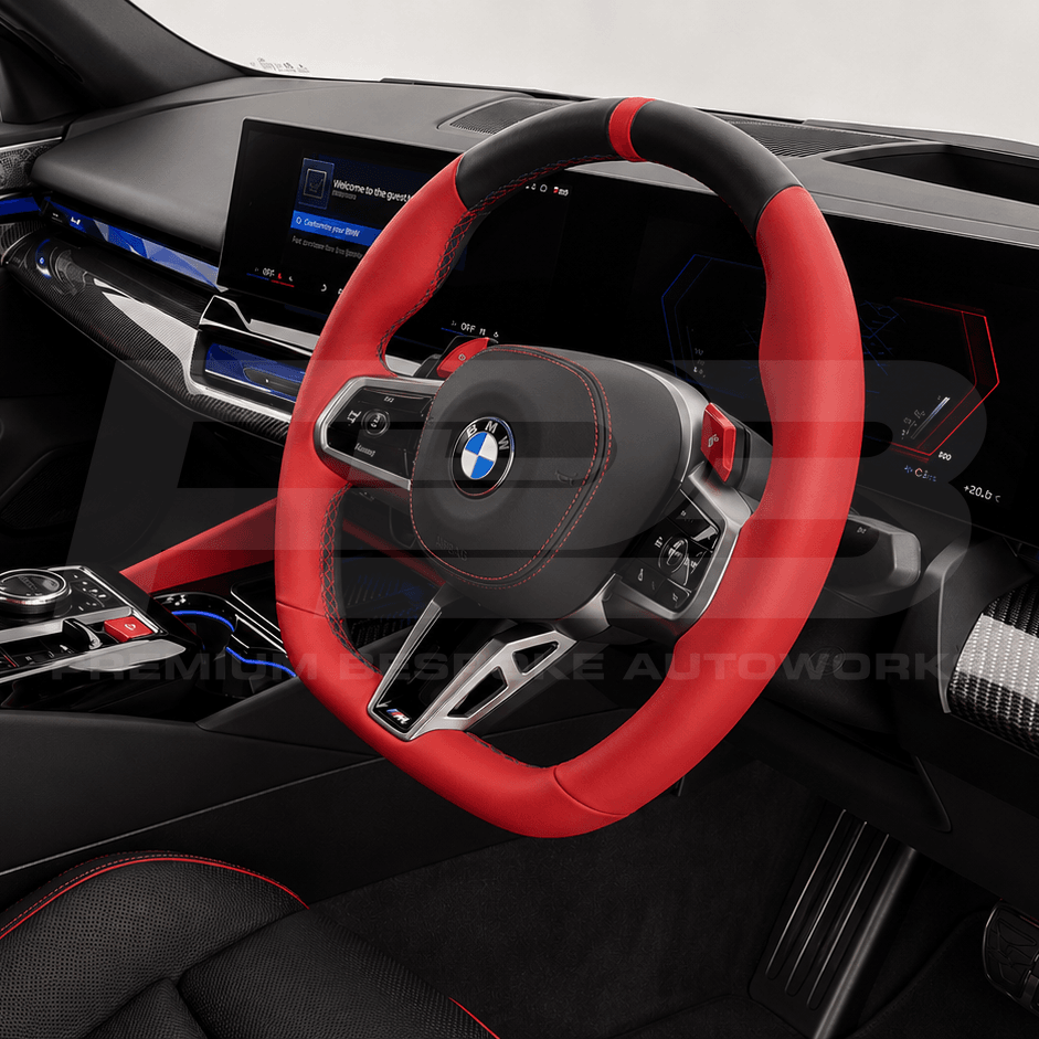 BMW 5 Series G60 steering wheel upgrade in red leather, hand finished on a genuine OEM core