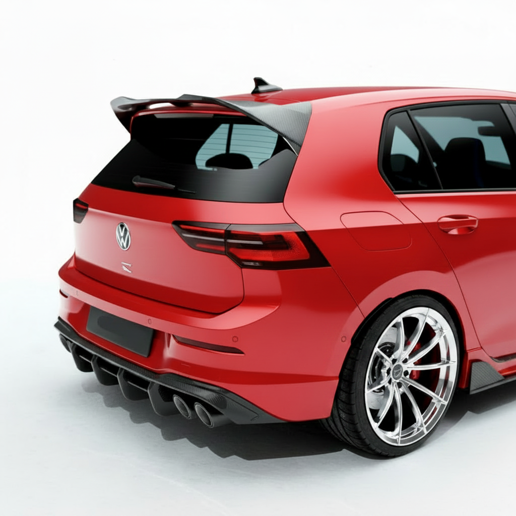 Golf R MK8 rear roof spoiler in carbon fibre fitted on vehicle