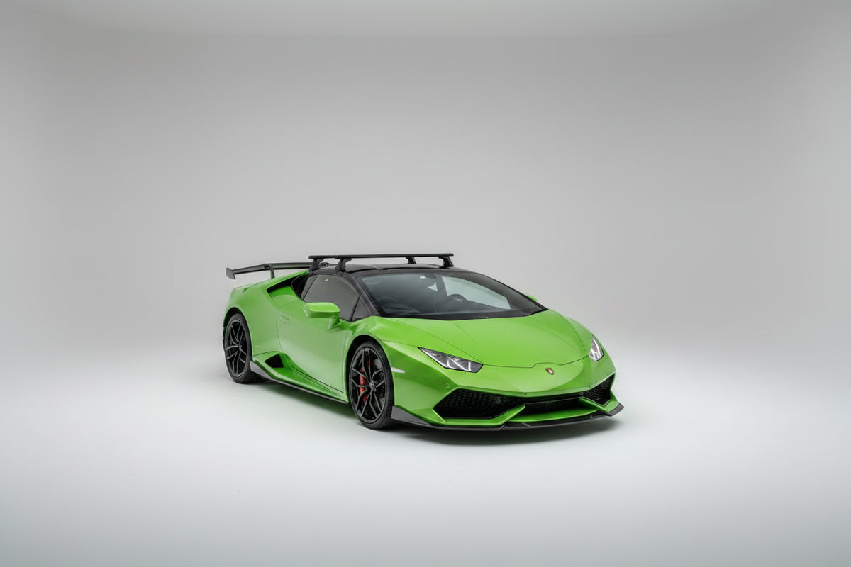 Green Lamborghini Huracan LP-610 Carbon Fibre Front Splitter fitted to vehicle in studio