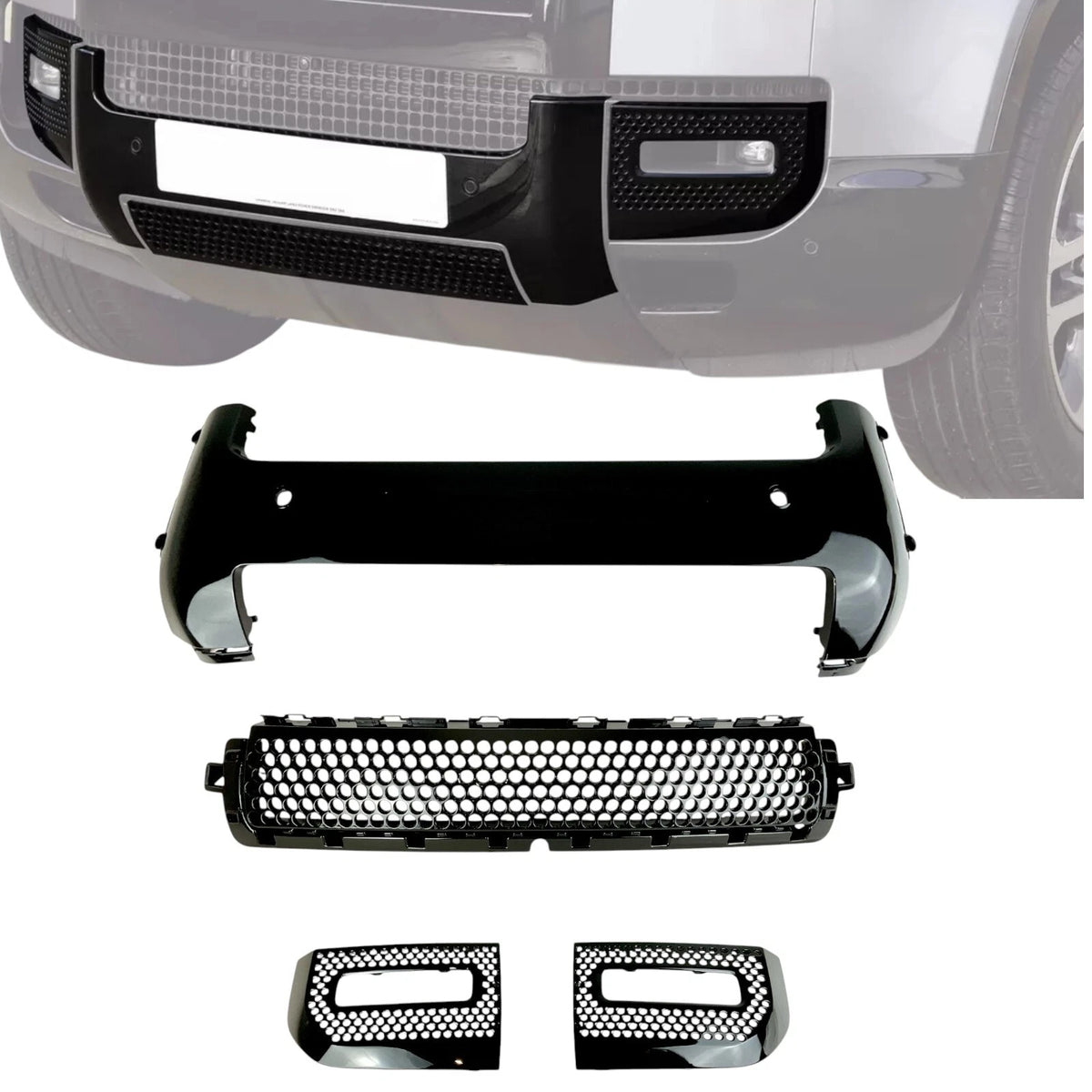 Land Rover Defender L663 Bumper Trim Set gloss black on white background