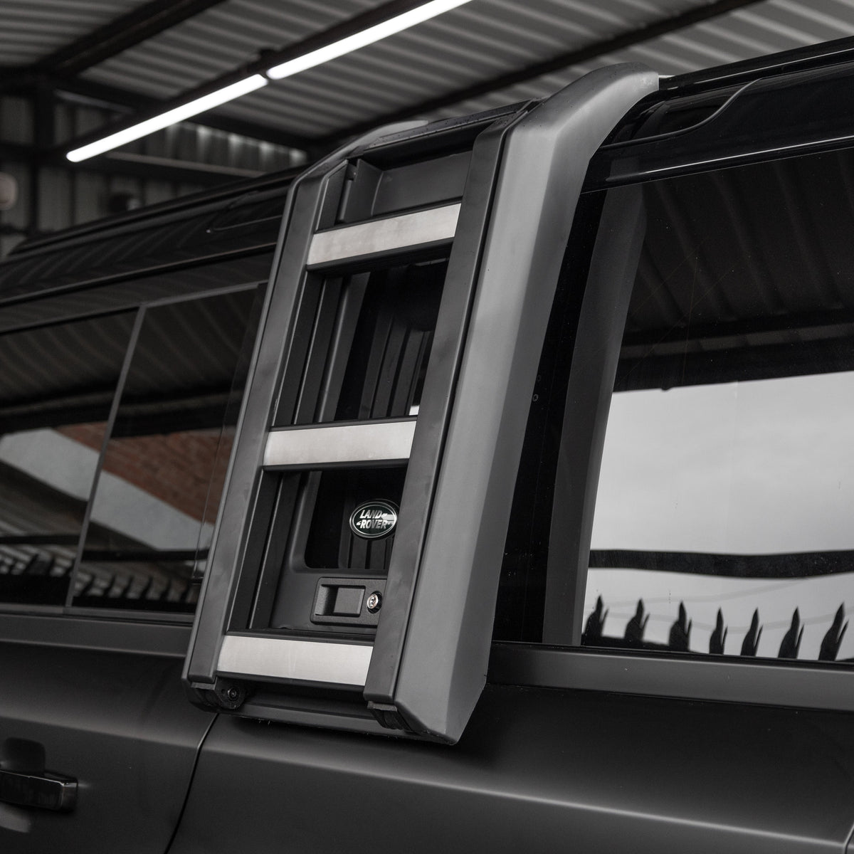 Land Rover Defender L663 2020+ Deployable Folding Side Ladder Silver + Black On Vehicle