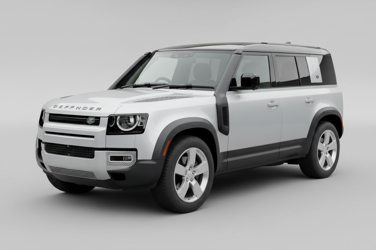 Silver Defender L663 SUV with black side mirrors and window and black snorkel