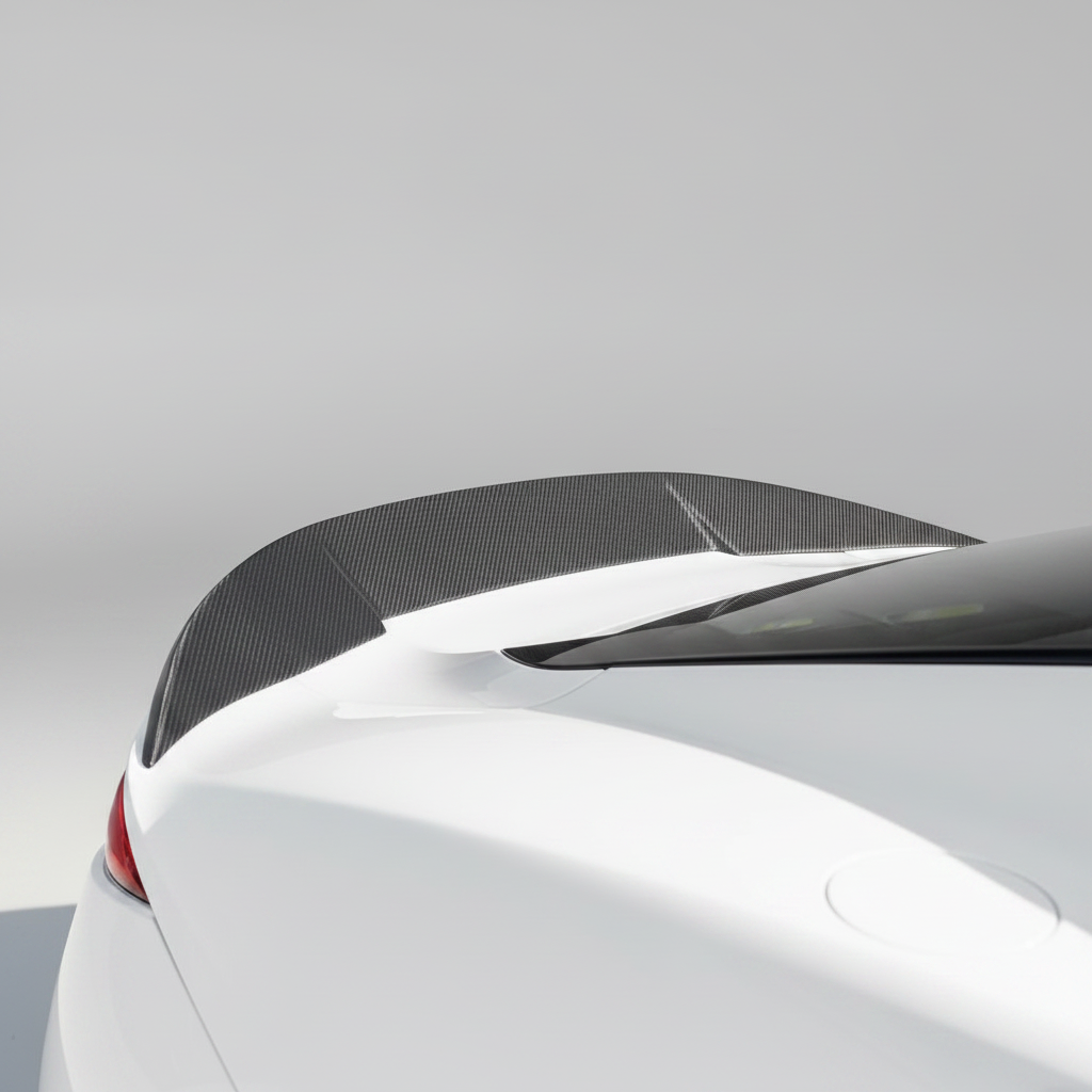 Close-up of a white sports car rear section with a black carbon fiber rear spoiler against a dark corrugated metal wall.
