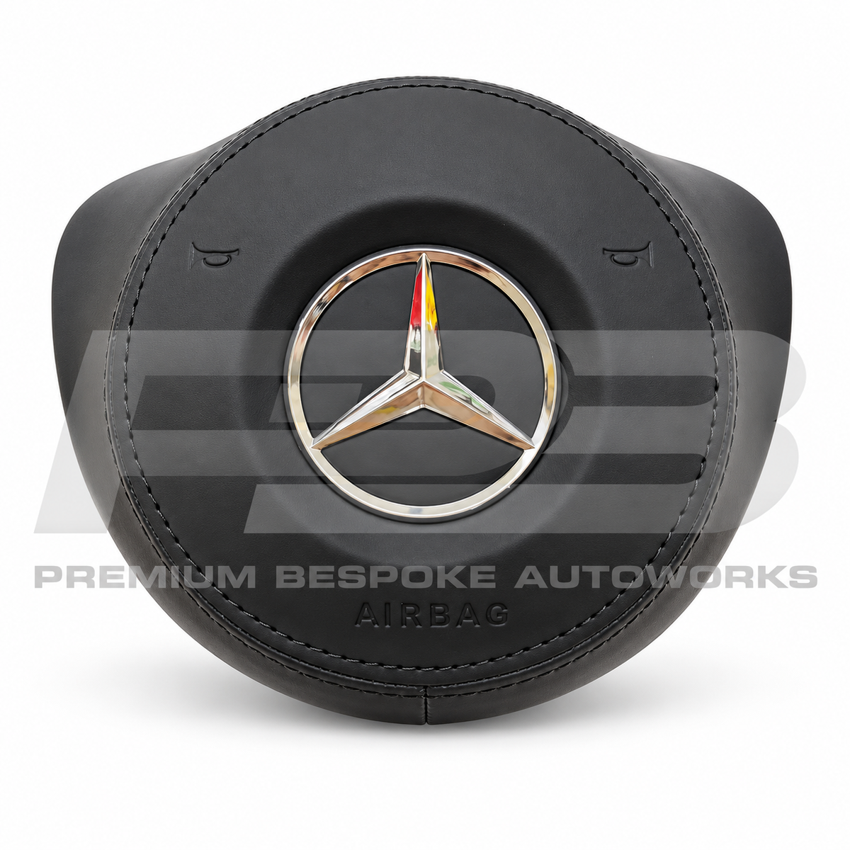 Mercedes C43 AMG W205 custom airbag cover in black leather with black stitching, front view, replaces the original plastic cover