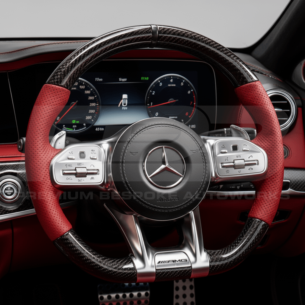 mercedes sl 63 amg carbon fibre steering wheel with red perforated leather grips