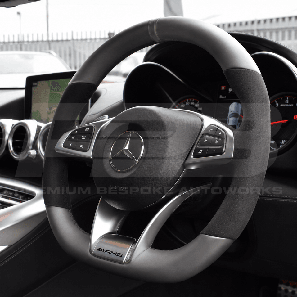 Mercedes amg gt c190 custom steering wheel in matte silver with black alcantara grips