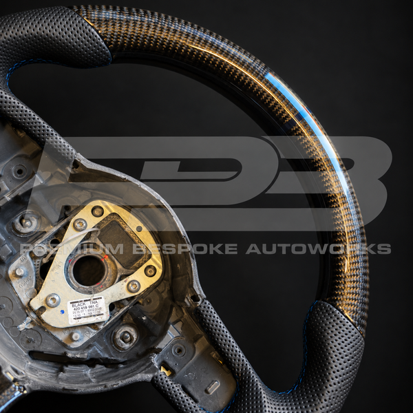 Audi R8 Gen 1 Steering Wheel, Flat Bottom Carbon Fibre with Navy Blue Stitching, Customer Build