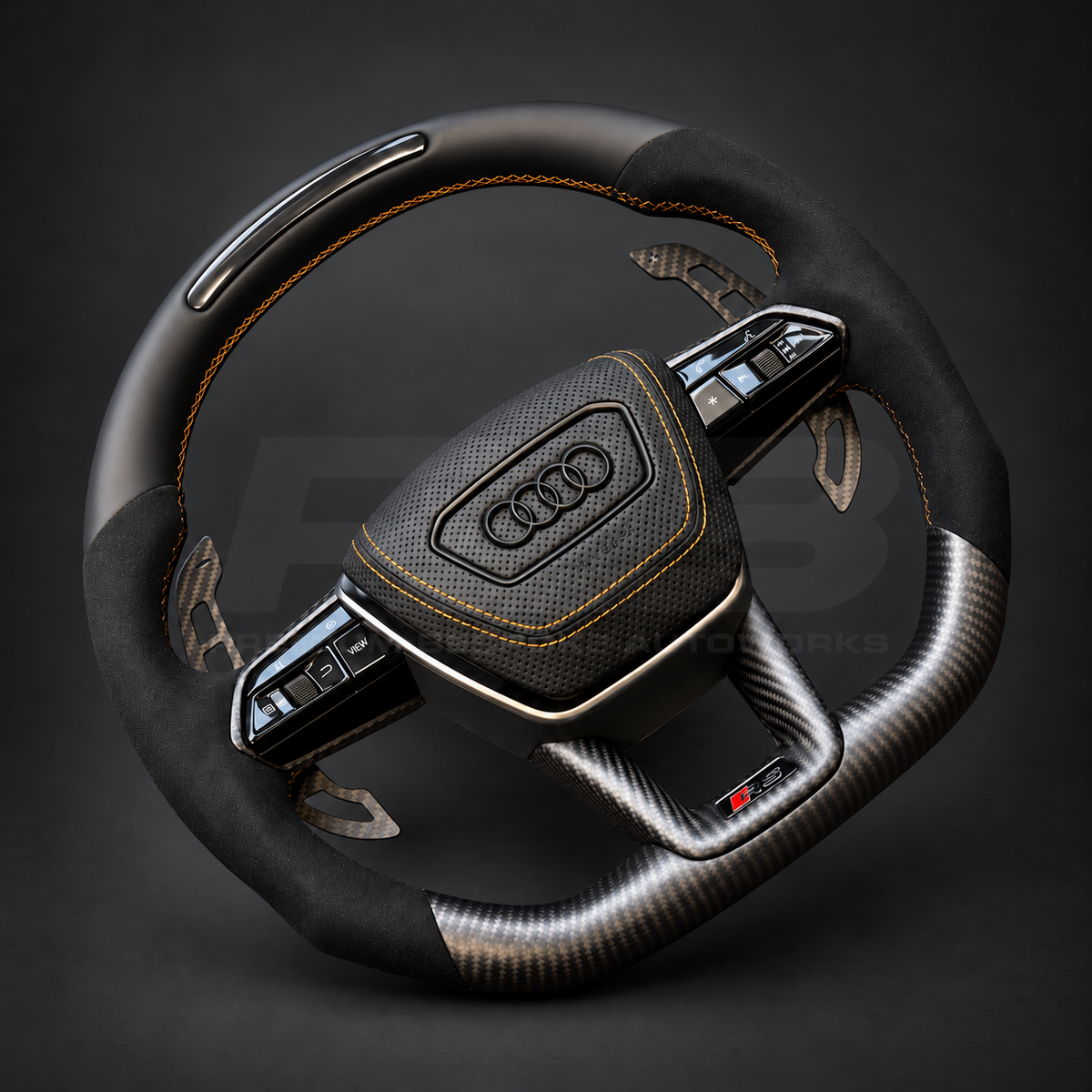 Audi RS7 4K8 custom steering wheel right angle showing black Nappa leather top with RPM lights, matte carbon bottom, Alcantara grips and copper stitching