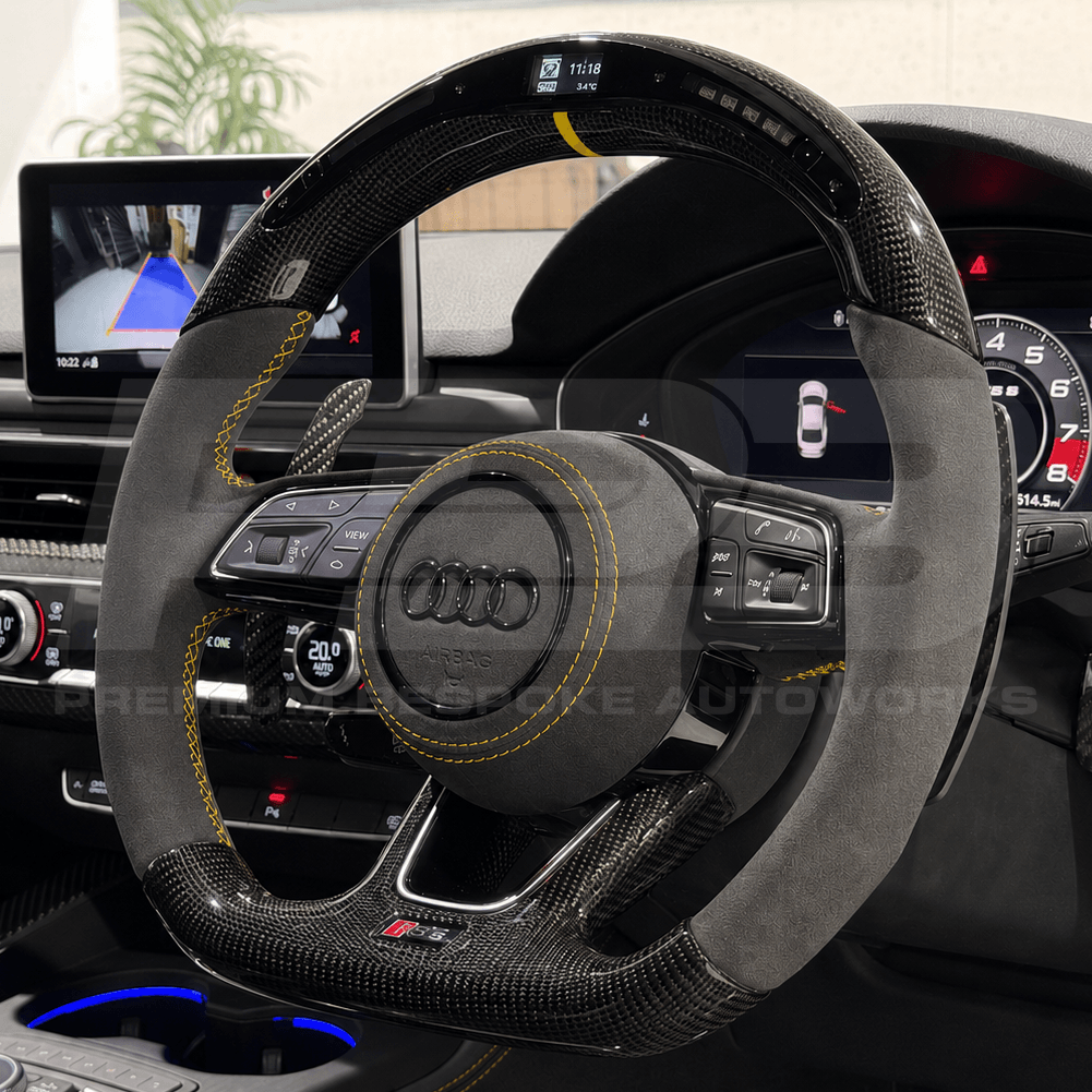 audi rs5 8w6 custom steering wheel in carbon fibre with alcantara grips and LED unit