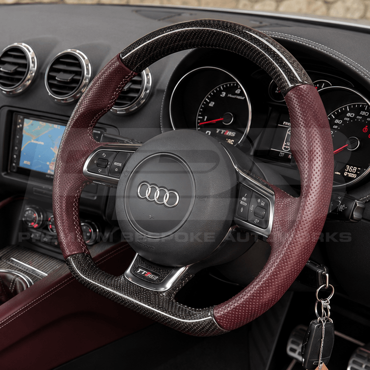 audi ttrs gen 2 custom steering wheel in carbon fibre with maroon coloured grips