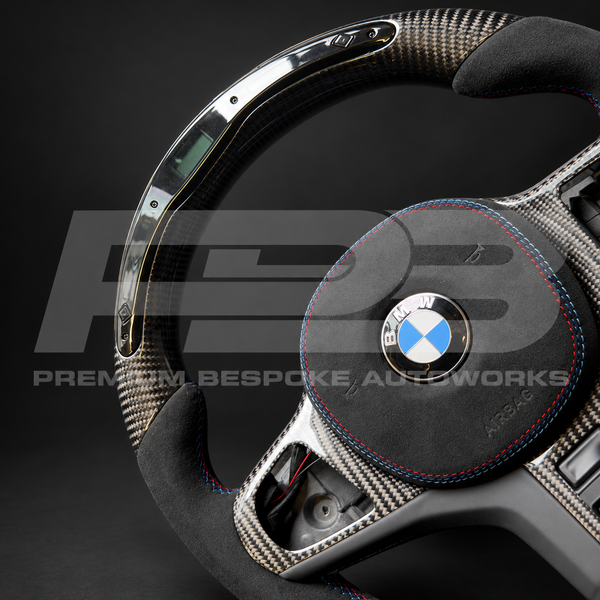 BMW M4 G82 Steering Wheel, Flat Bottom Carbon Fibre and Alcantara with RPM Race Display and M Stitching, Customer Build