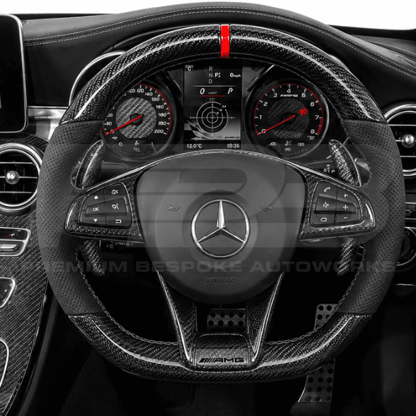 Car interior with steering wheel and dashboard of a Mercedes-Benz.