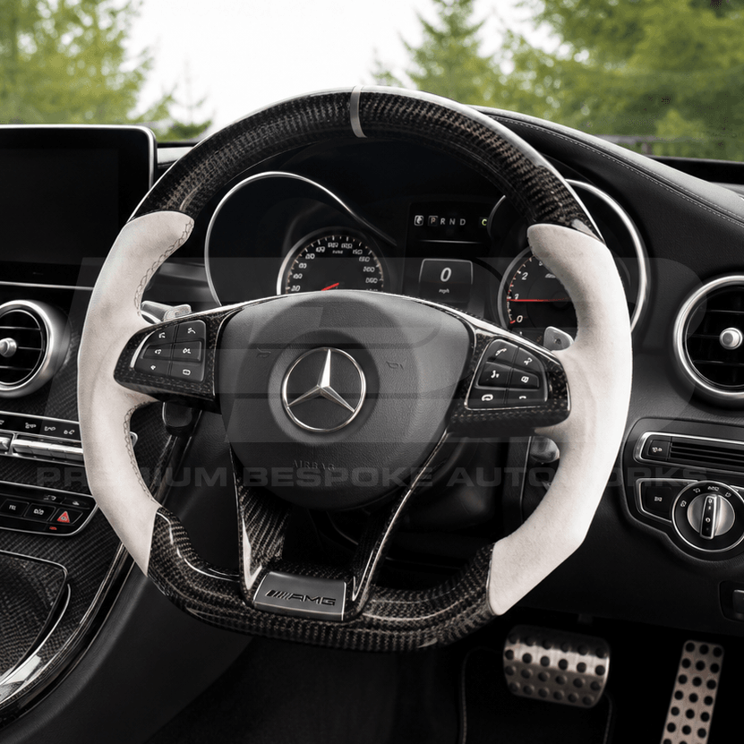 c63 amg w205 carbon fibre steering wheel with white alcantara grips