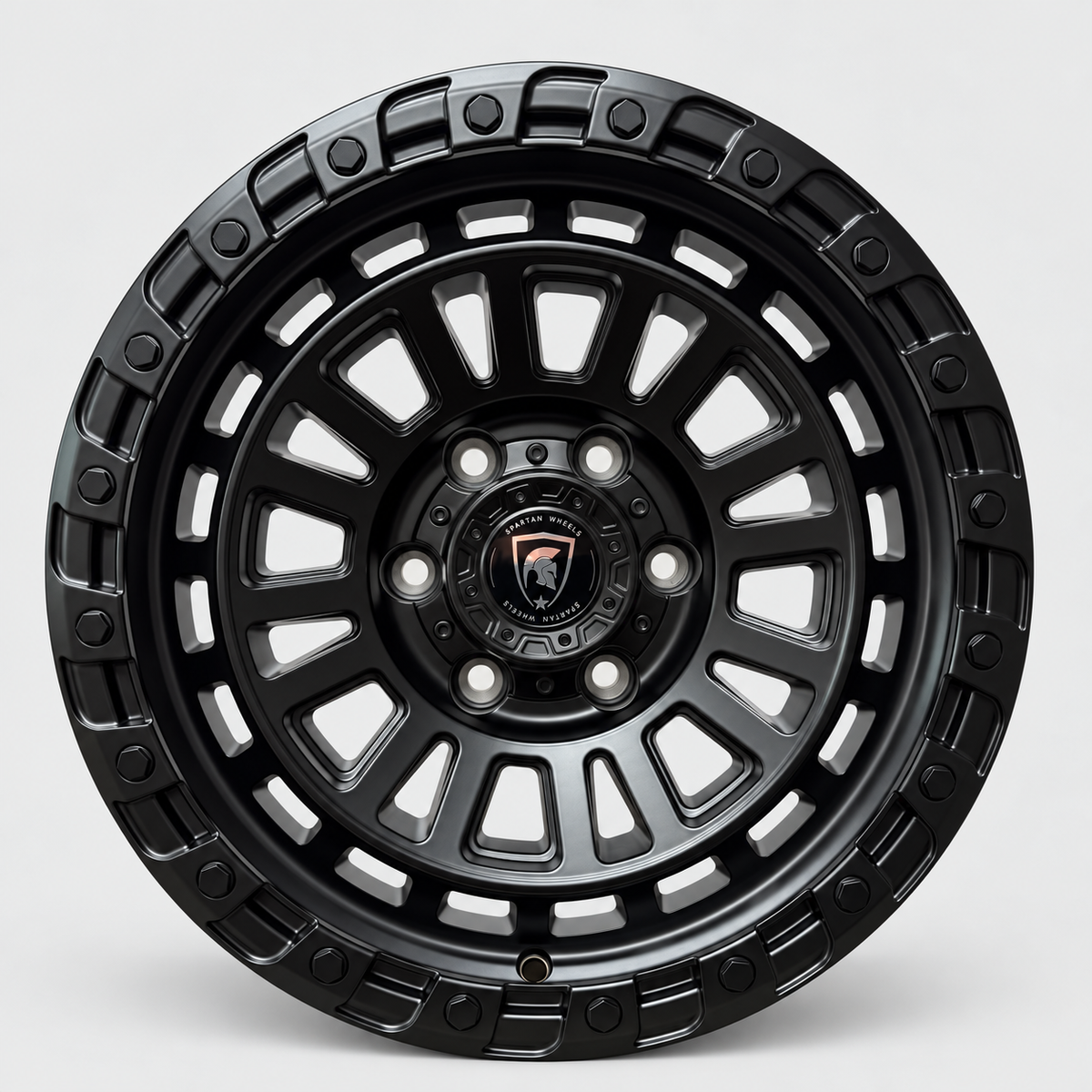 Ford Ranger 17 inch satin black off road alloy wheel face on view showing six stud pattern - Premium Bespoke AutoWorks