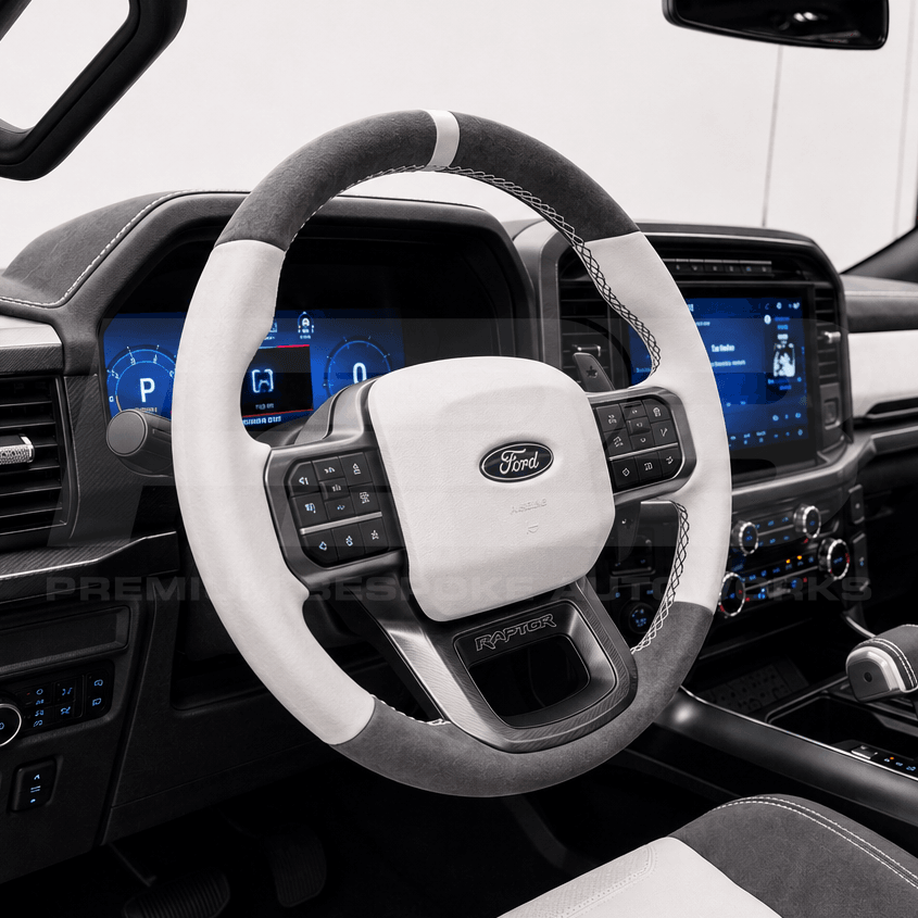 Ford F-150 Raptor Gen 3 custom steering wheel in white leather, built to order by Premium Bespoke AutoWorks
