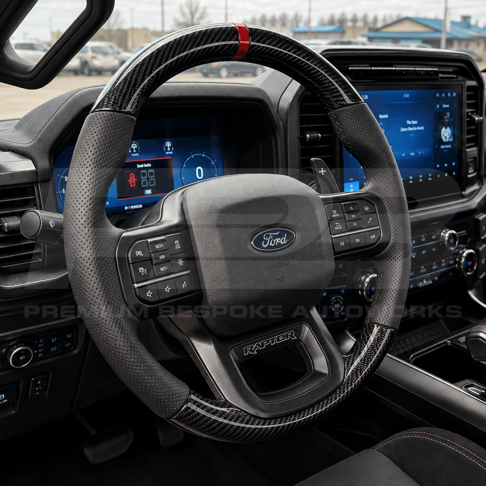 Bespoke Ford F-150 Raptor Gen 3 steering wheel in gloss carbon fibre