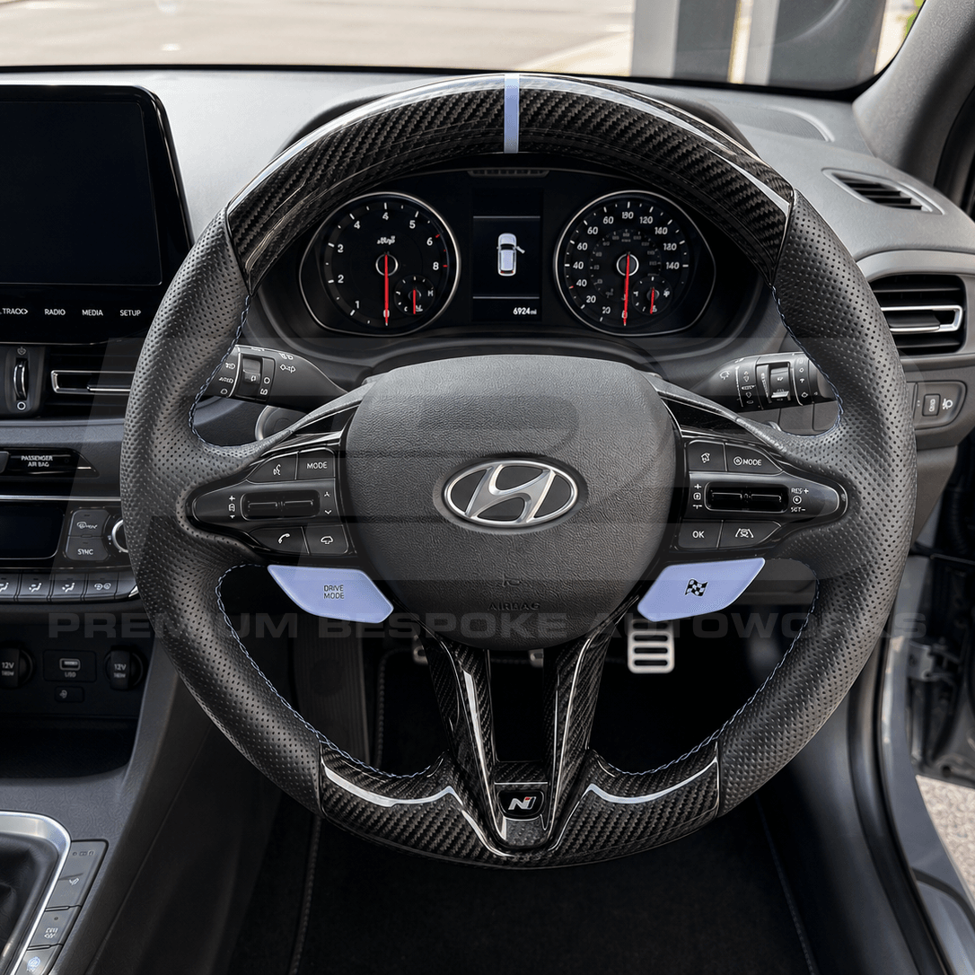 Hyundai i30 N custom steering wheel, hand-finished by Premium Bespoke AutoWorks