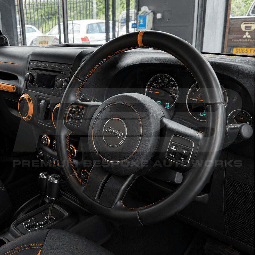 Jeep Wrangler JK custom steering wheel in leather, built to order by Premium Bespoke AutoWorks