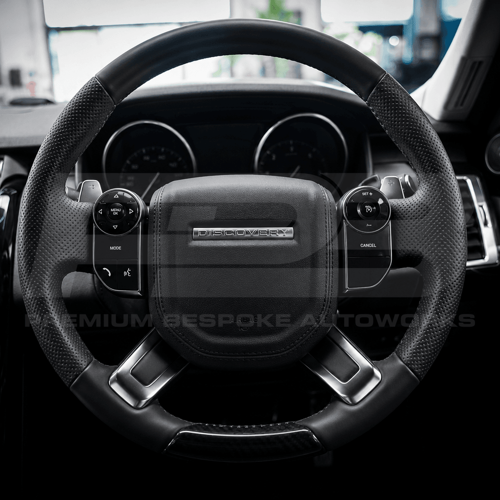 Land Rover Discovery L462 steering wheel upgrade in gloss carbon fibre, hand finished on a genuine OEM core