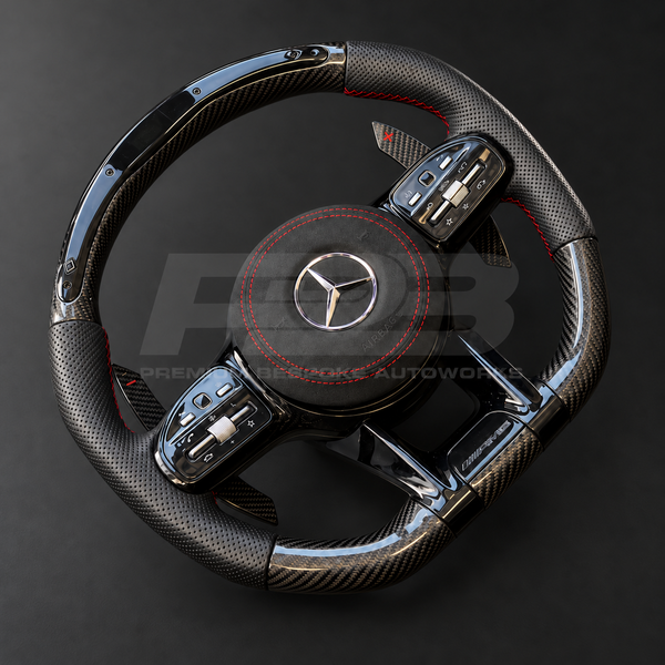 Mercedes-AMG C43 W205 Facelift Steering Wheel, Carbon Fibre with RPM Lights, Red Stitching and Magnetic Paddles, Customer Build