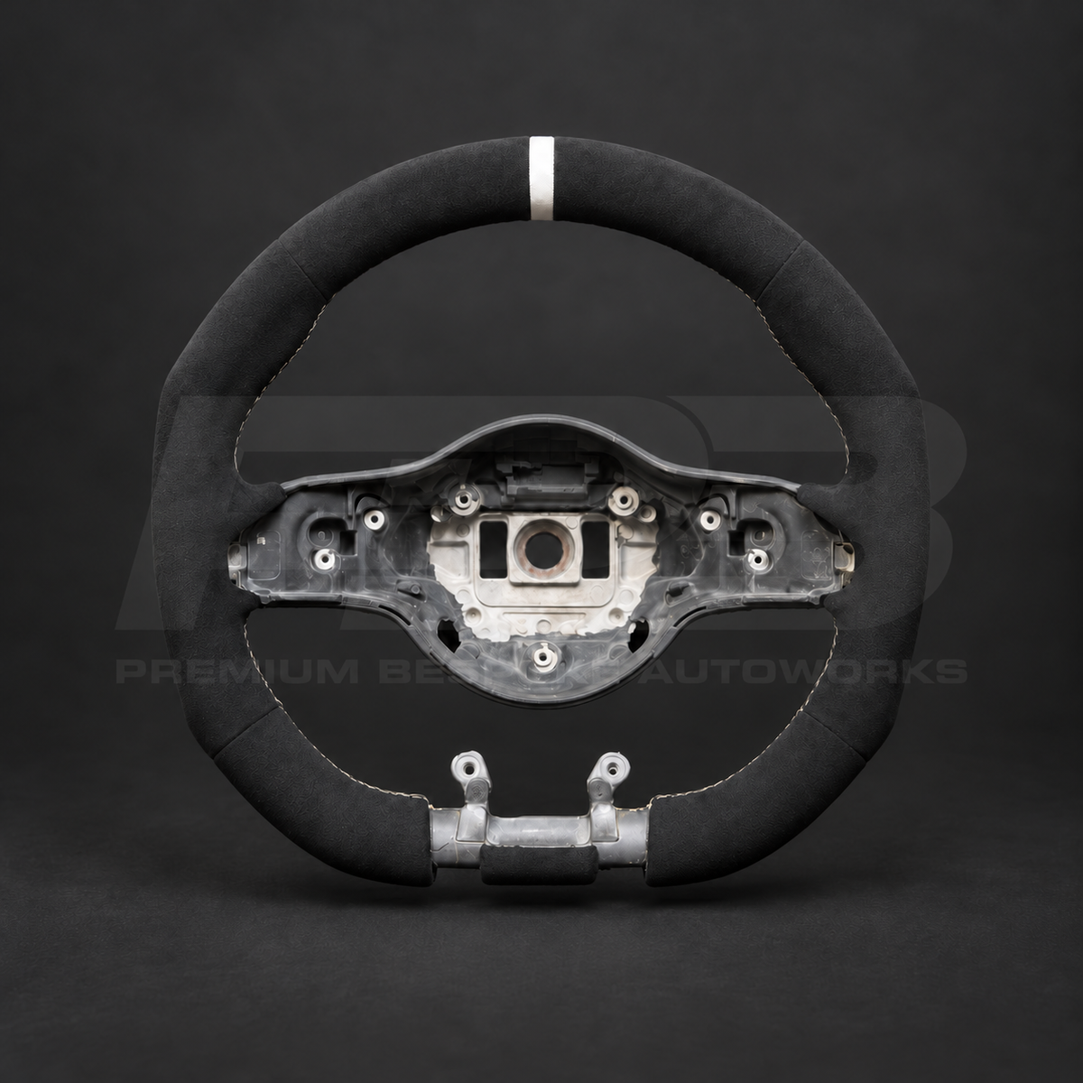 Mercedes-AMG C63 W205 Facelift custom steering wheel front view showing flat bottom, full black Alcantara, white stitching and white 12 o'clock stripe