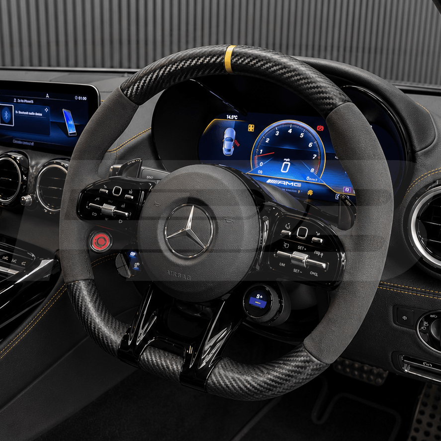 mercedes amg gt c190 custom steering wheel in matte carbon fibre with black alcantara grips