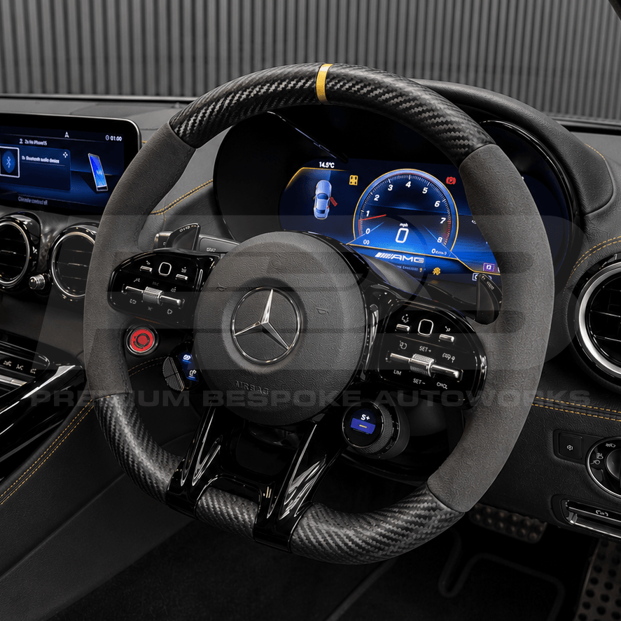 mercedes amg gt c190 custom steering wheel in matte carbon fibre with black alcantara grips