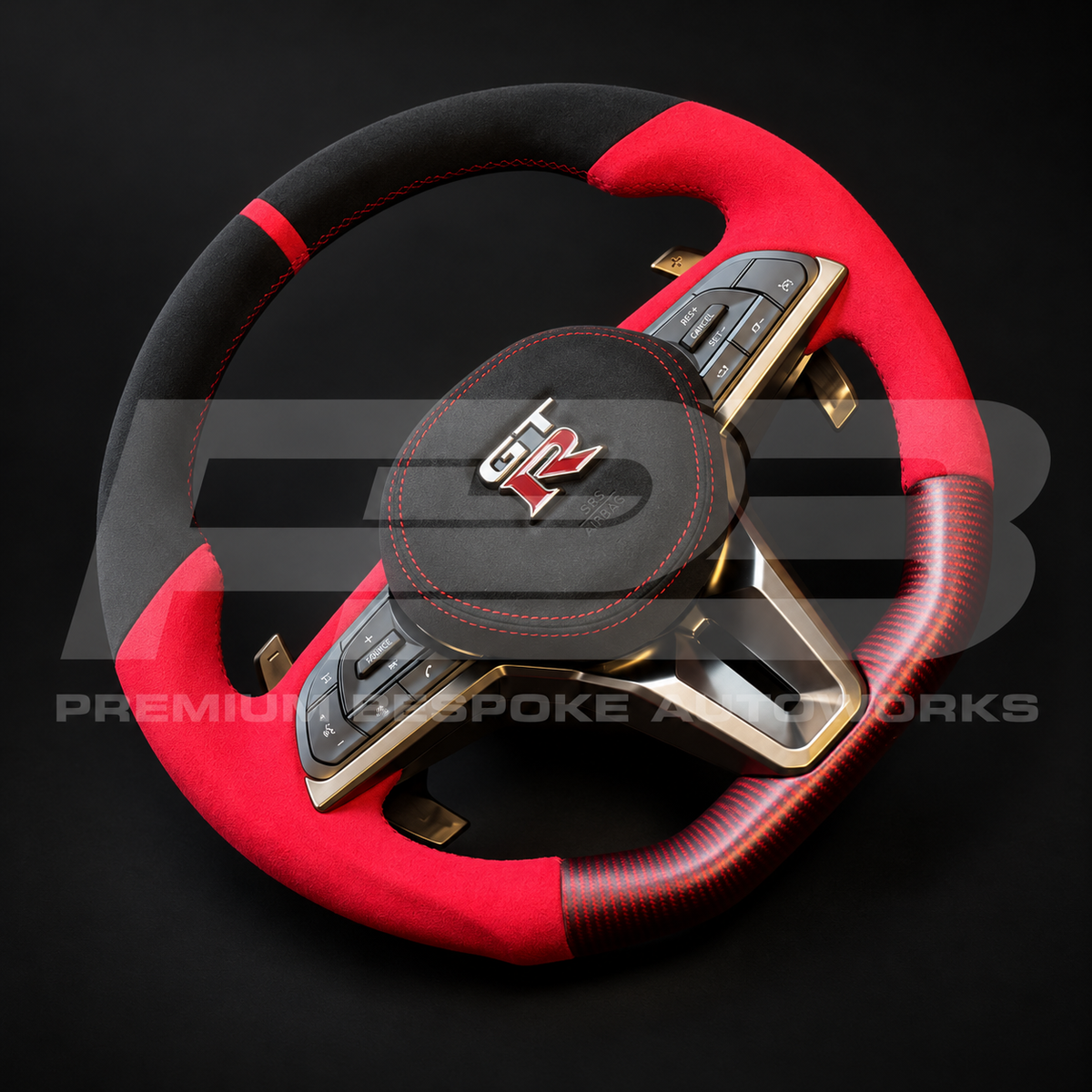 Nissan GT-R R35 EBA red Alcantara and carbon fibre custom steering wheel at an angle, showing the red weave carbon bottom section and OEM paddle shifters