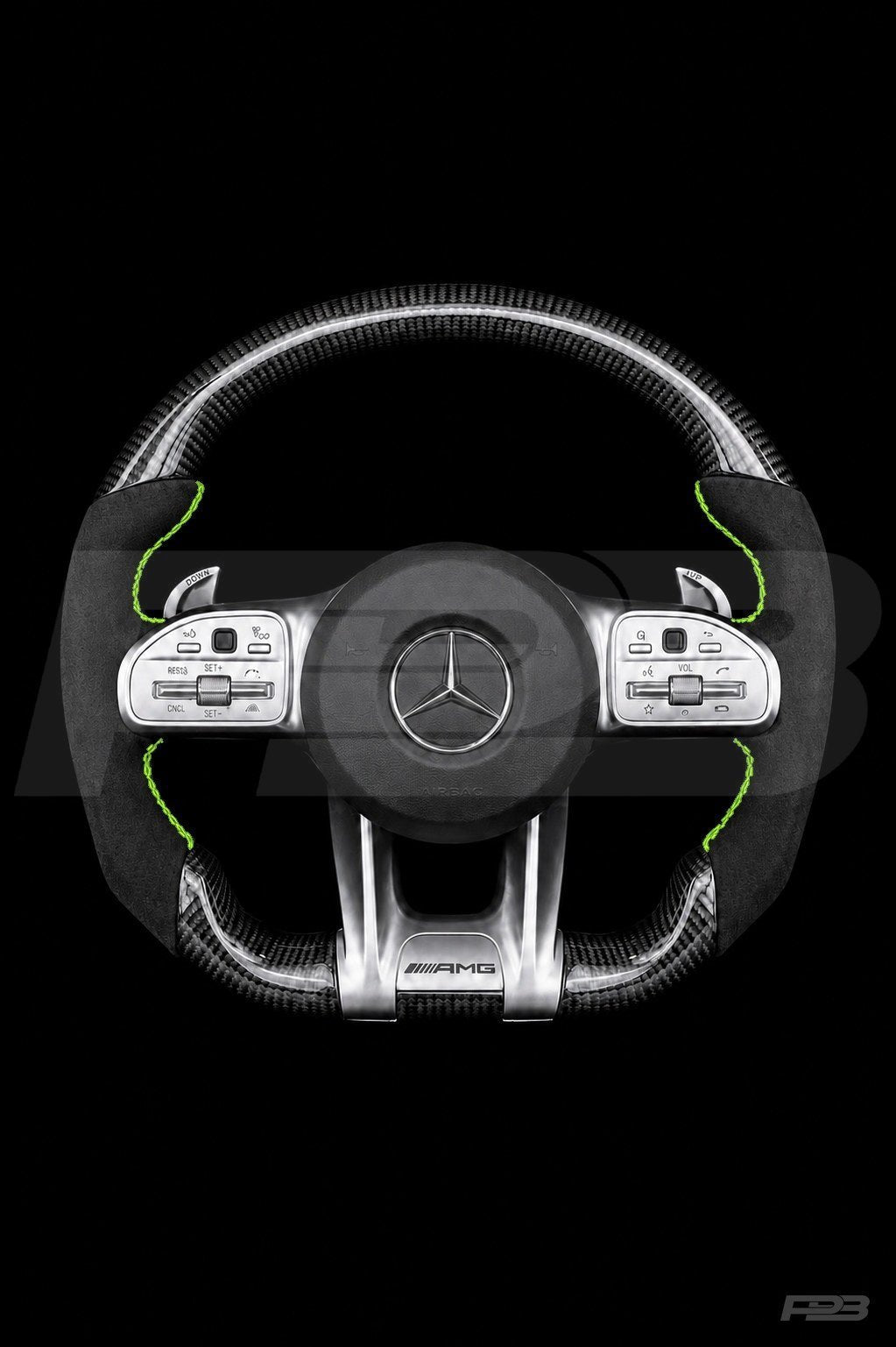 PBAW Mercedes-AMG C63 W205 Facelift Carbon Alcantara steering wheel — Complete Lime stitching