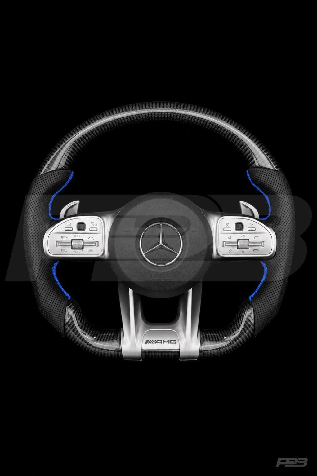PBAW Mercedes-AMG C63 W205 Facelift Carbon Perforated steering wheel — Complete Blue stitching