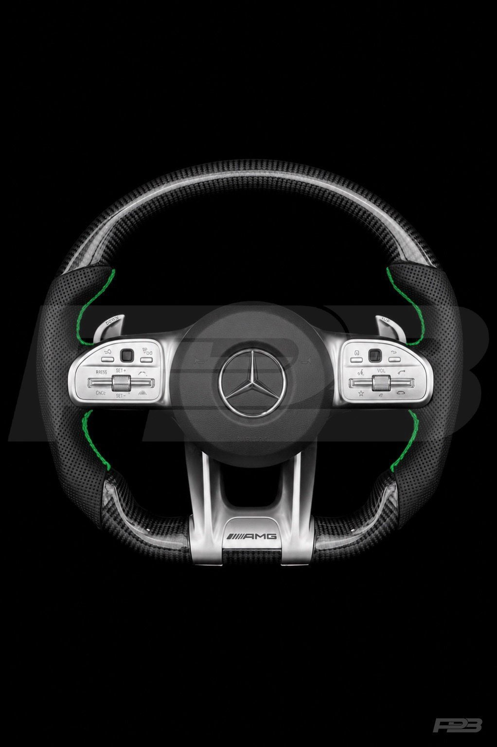 PBAW Mercedes-AMG C63 W205 Facelift Carbon Perforated steering wheel — Complete Green stitching