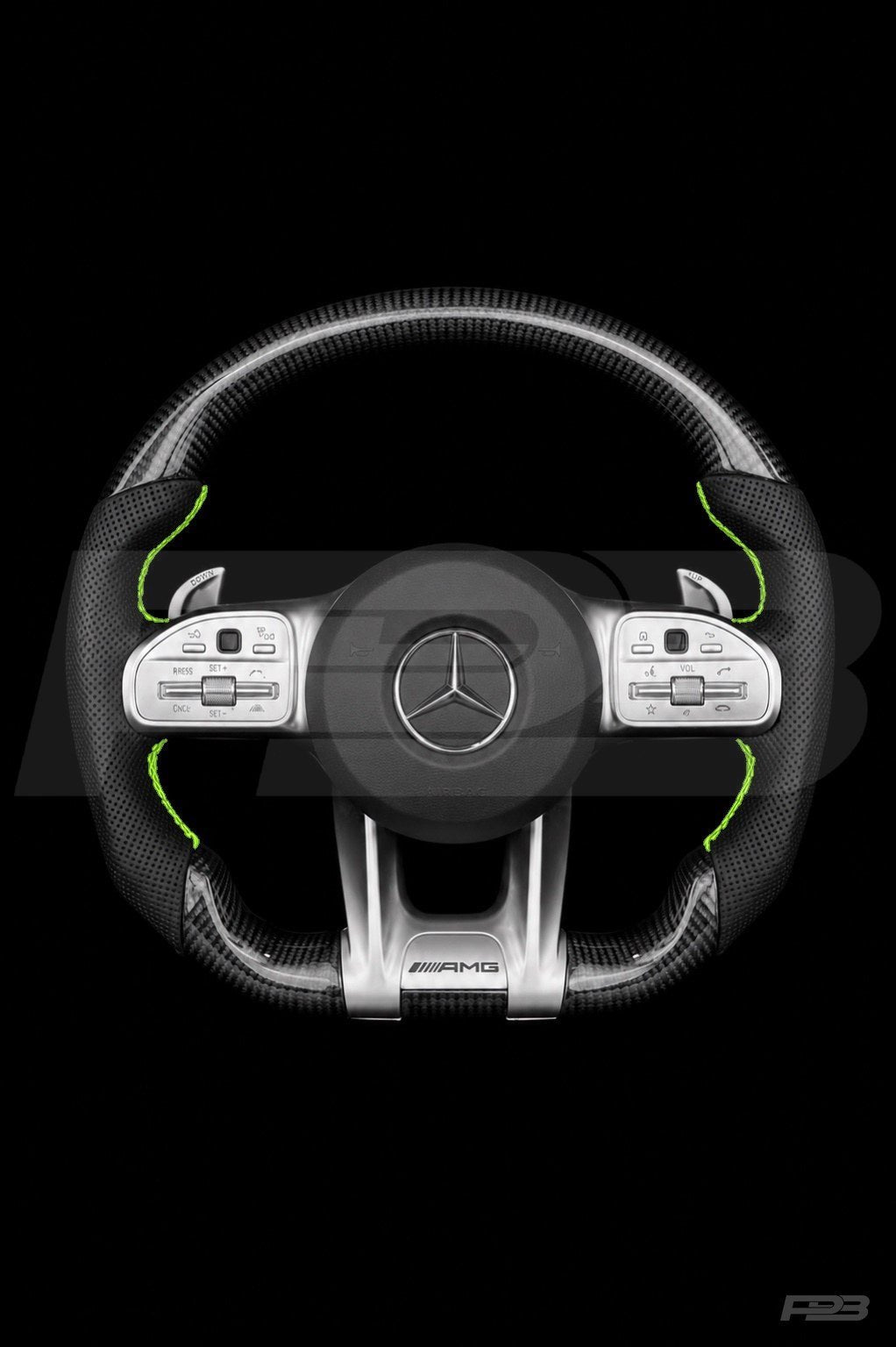 PBAW Mercedes-AMG C63 W205 Facelift Carbon Perforated steering wheel — Complete Lime stitching