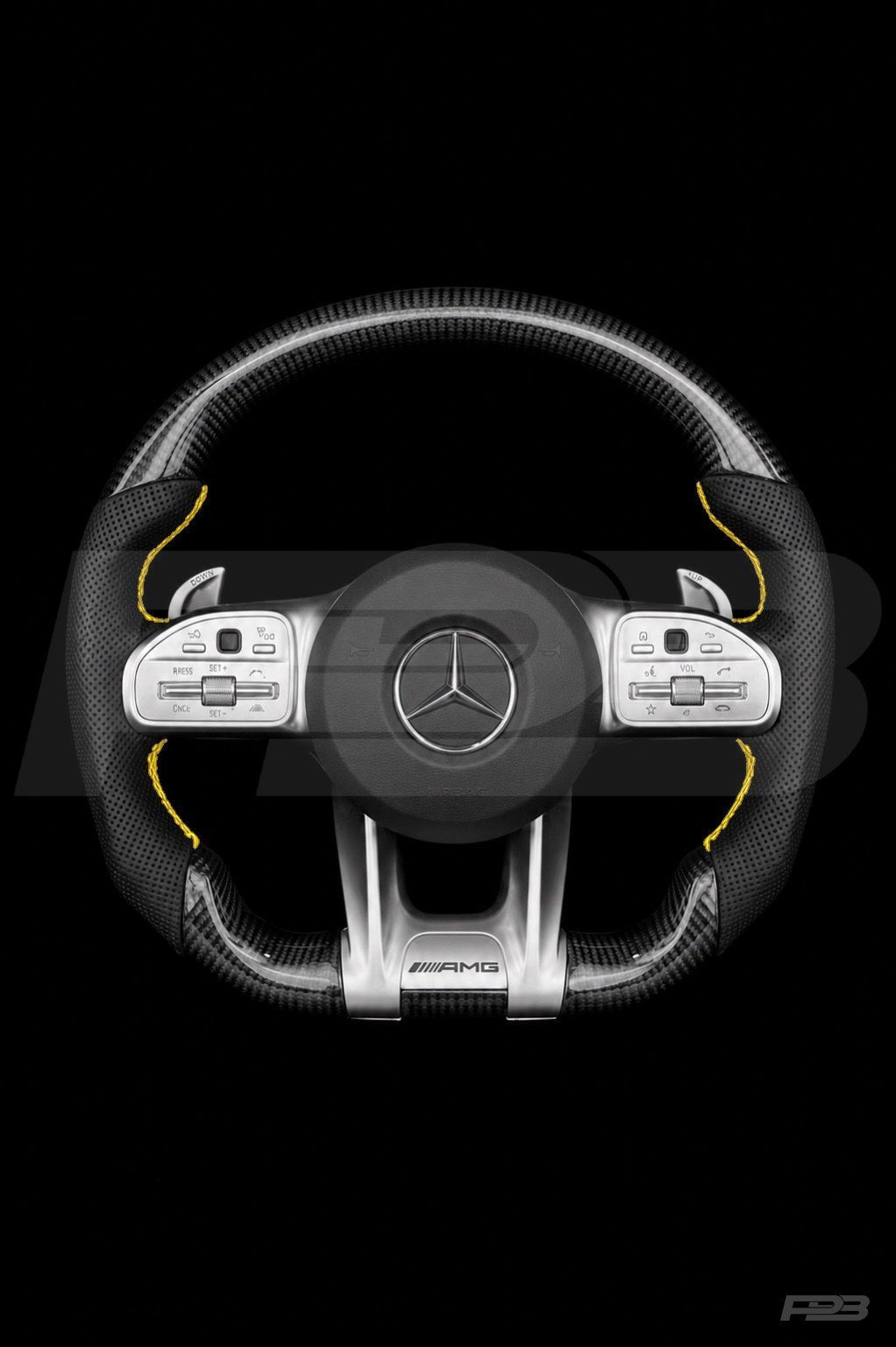 PBAW Mercedes-AMG C63 W205 Facelift Carbon Perforated steering wheel — Complete Yellow stitching
