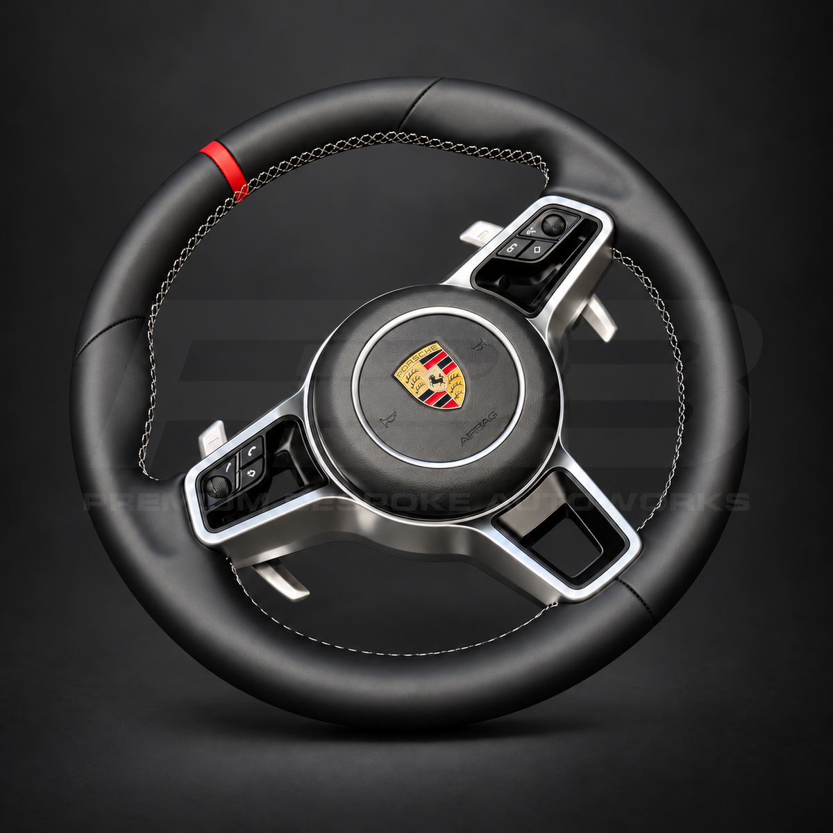 Porsche 911 991.2 custom steering wheel right angle showing black Nappa leather, grey stitching, red 12 o'clock marker and silver paddles