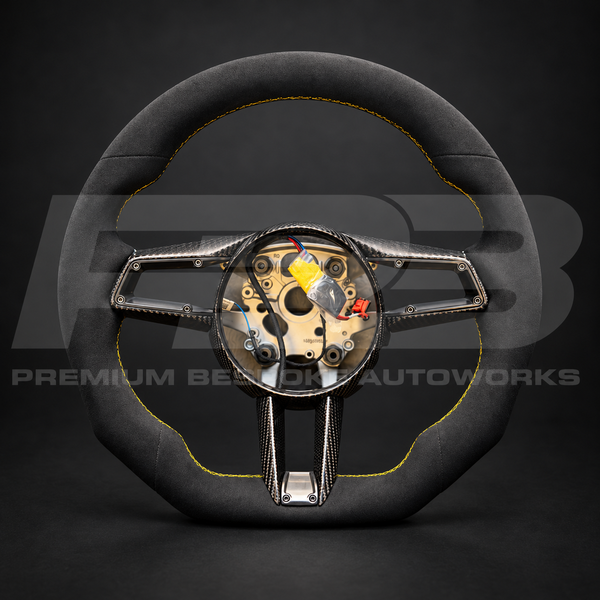 Porsche 911 992 Steering Wheel, Flat Bottom Alcantara with Yellow Stitching and Carbon Trim, Customer Build