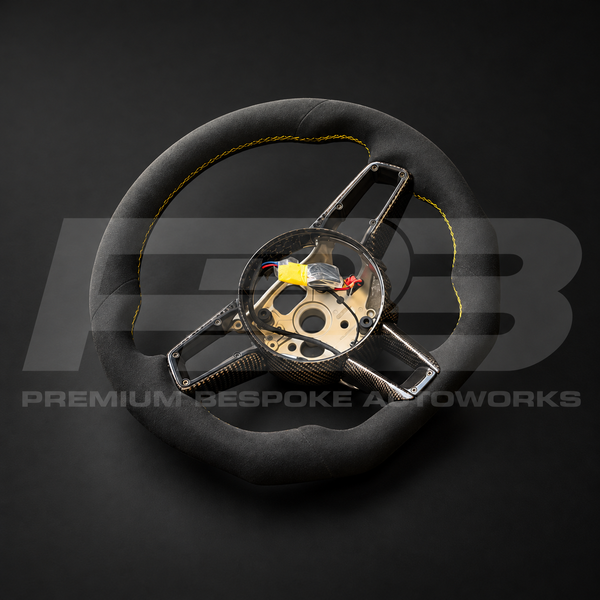 Porsche 911 992 Steering Wheel, Flat Bottom Alcantara with Yellow Stitching and Carbon Trim, Customer Build