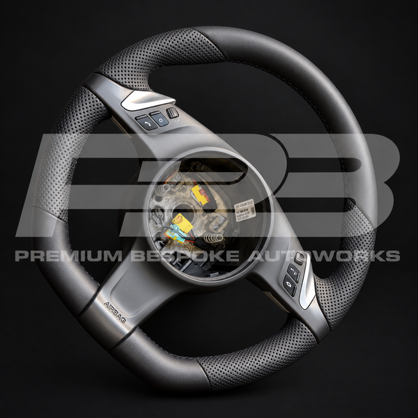 Porsche Panamera 970 Steering Wheel, Flat Bottom Black Leather with Perforated Grip and New Buttons, Customer Build