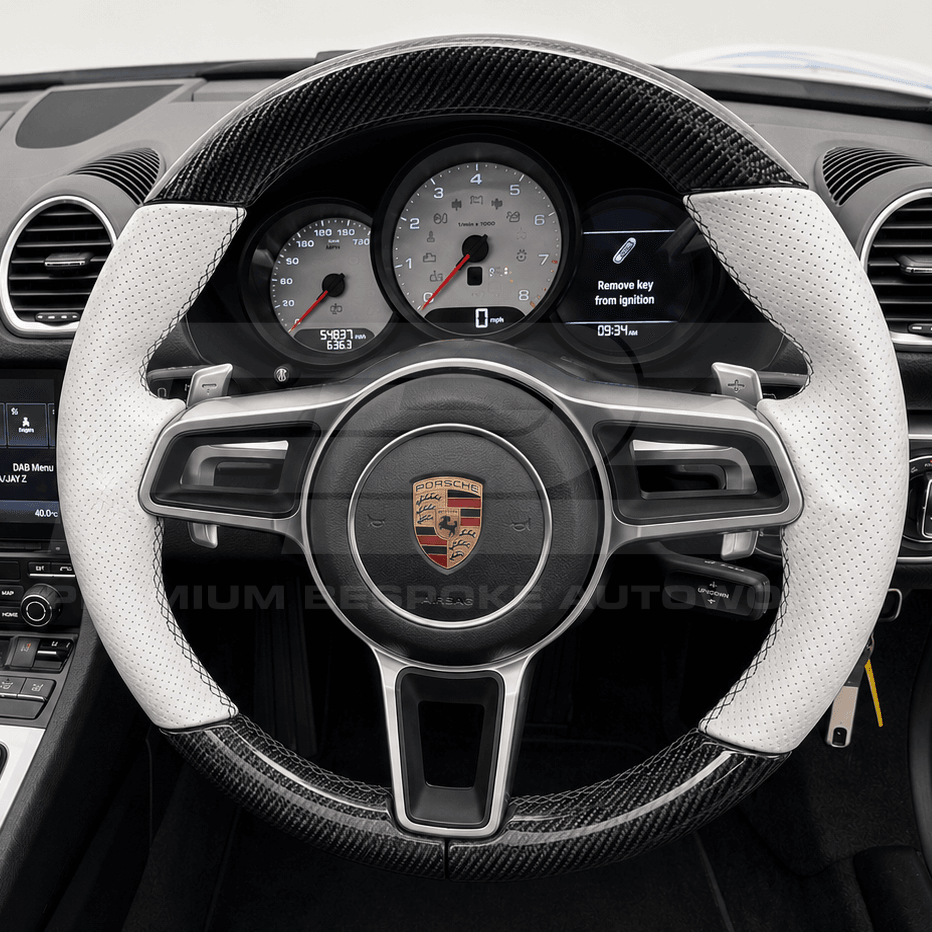 porsche cayman boxster 982 carbon fibre steering wheel with white grips