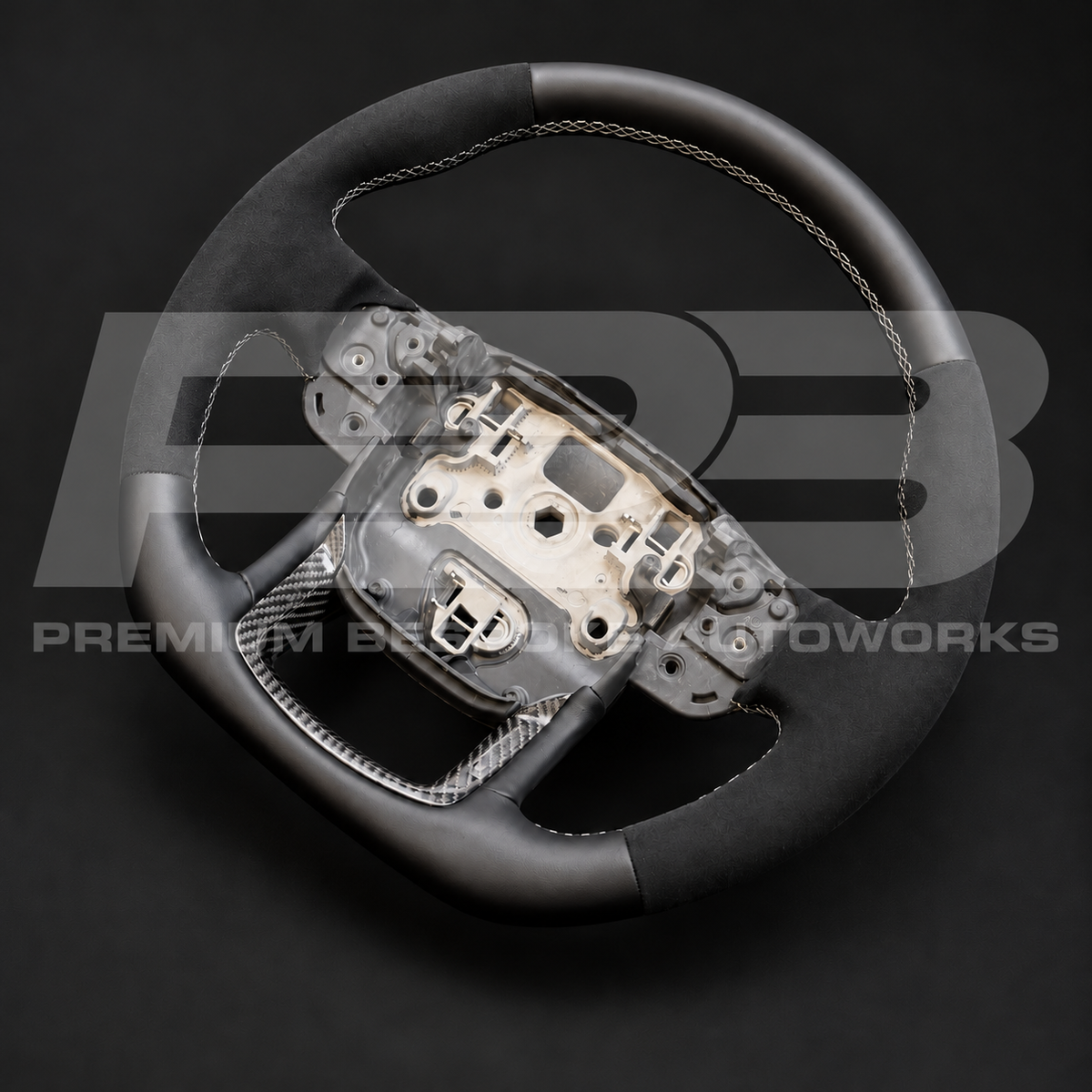 Range Rover Velar L560 custom steering wheel as built, sports shape, black Alcantara grips, black leather, grey stitching, carbon fibre trims