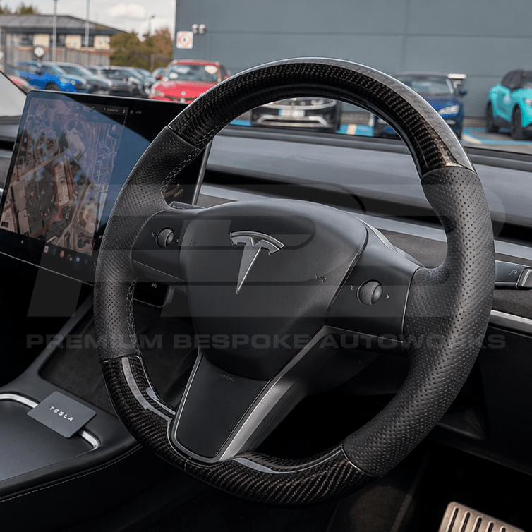 Tesla custom steering wheel, hand-finished to order by Premium Bespoke AutoWorks