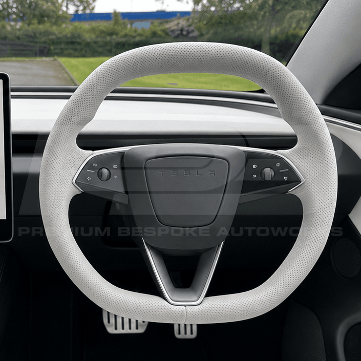 Tesla custom steering wheel, hand-finished to order by Premium Bespoke AutoWorks