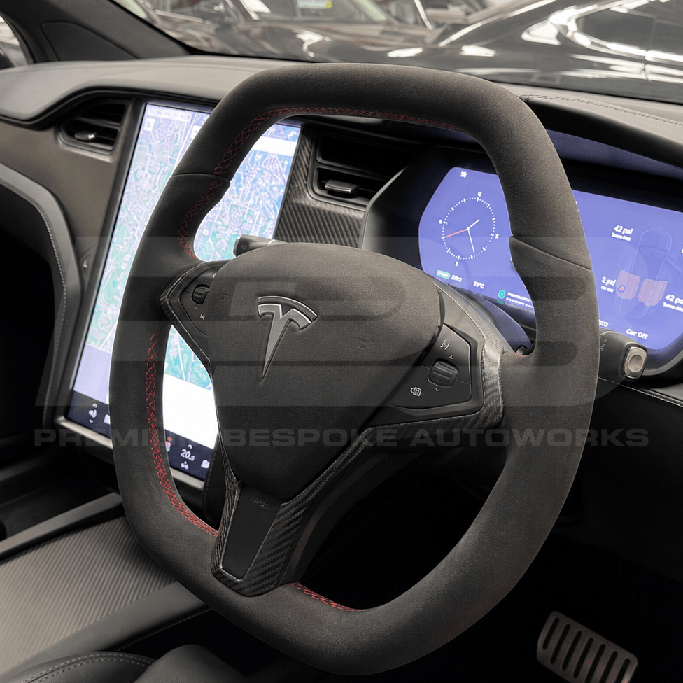 Tesla custom steering wheel, hand-finished to order by Premium Bespoke AutoWorks