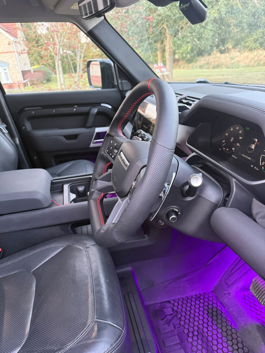 Land Rover Defender L663 Steering Wheel, Flat Bottom Nappa Leather with Red Stitching and Leather Airbag Cover, Heated, Customer Build