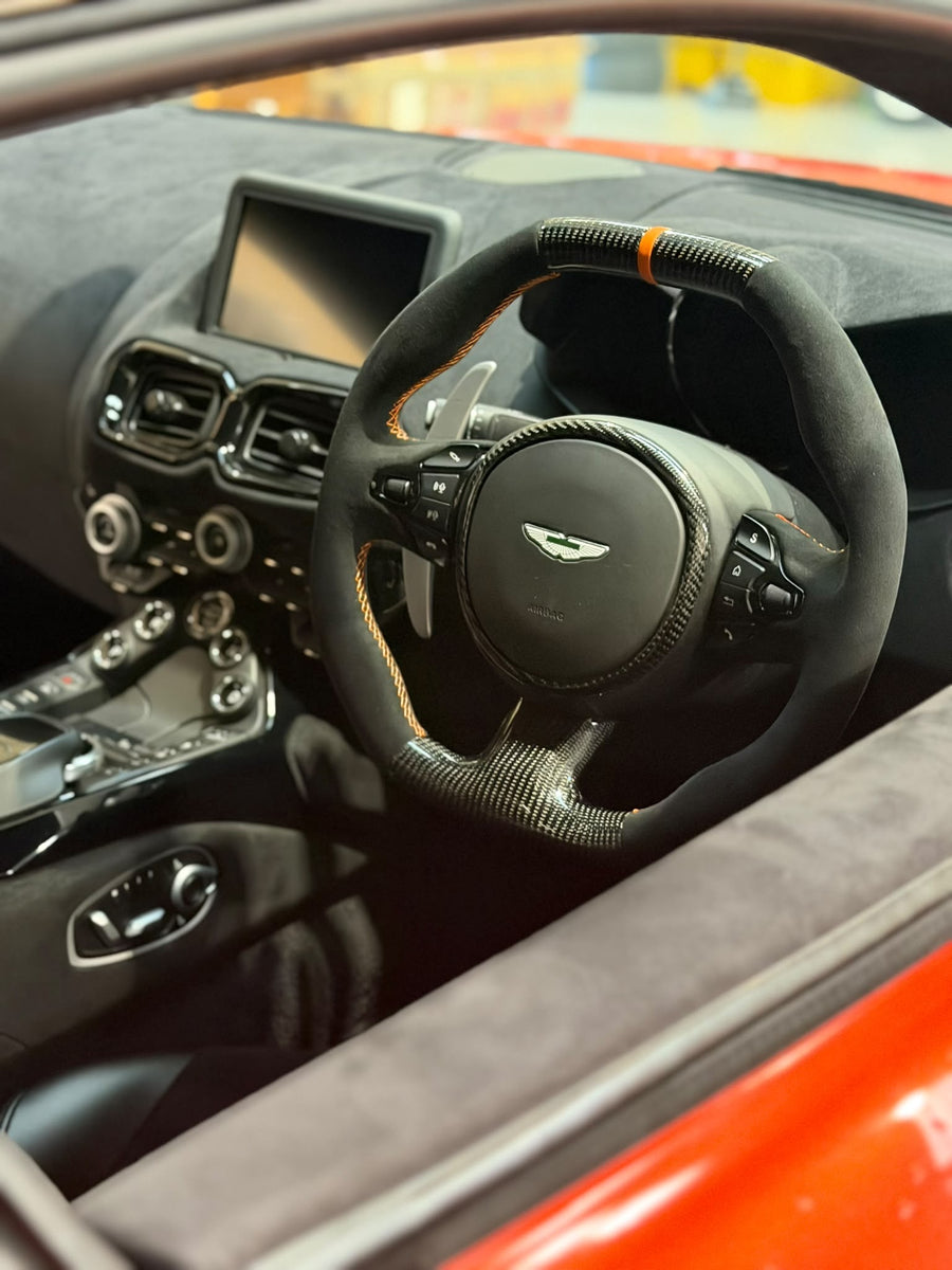 Aston Martin Vantage Steering Wheel, Flat Top Carbon Fibre and Alcantara with Orange Stitching, Customer Build