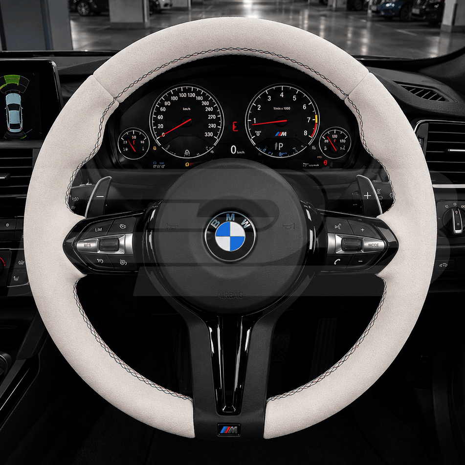 BMW M5 F10 Custom steering wheel in white alcantara 
