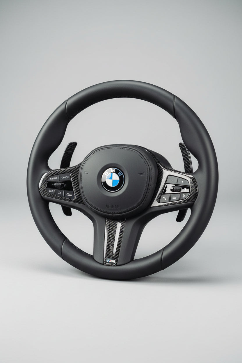 BMW M Sport Carbon Fibre Steering Wheel Trim 2018-2024 fitted onto a steering wheel inside a vehicle 