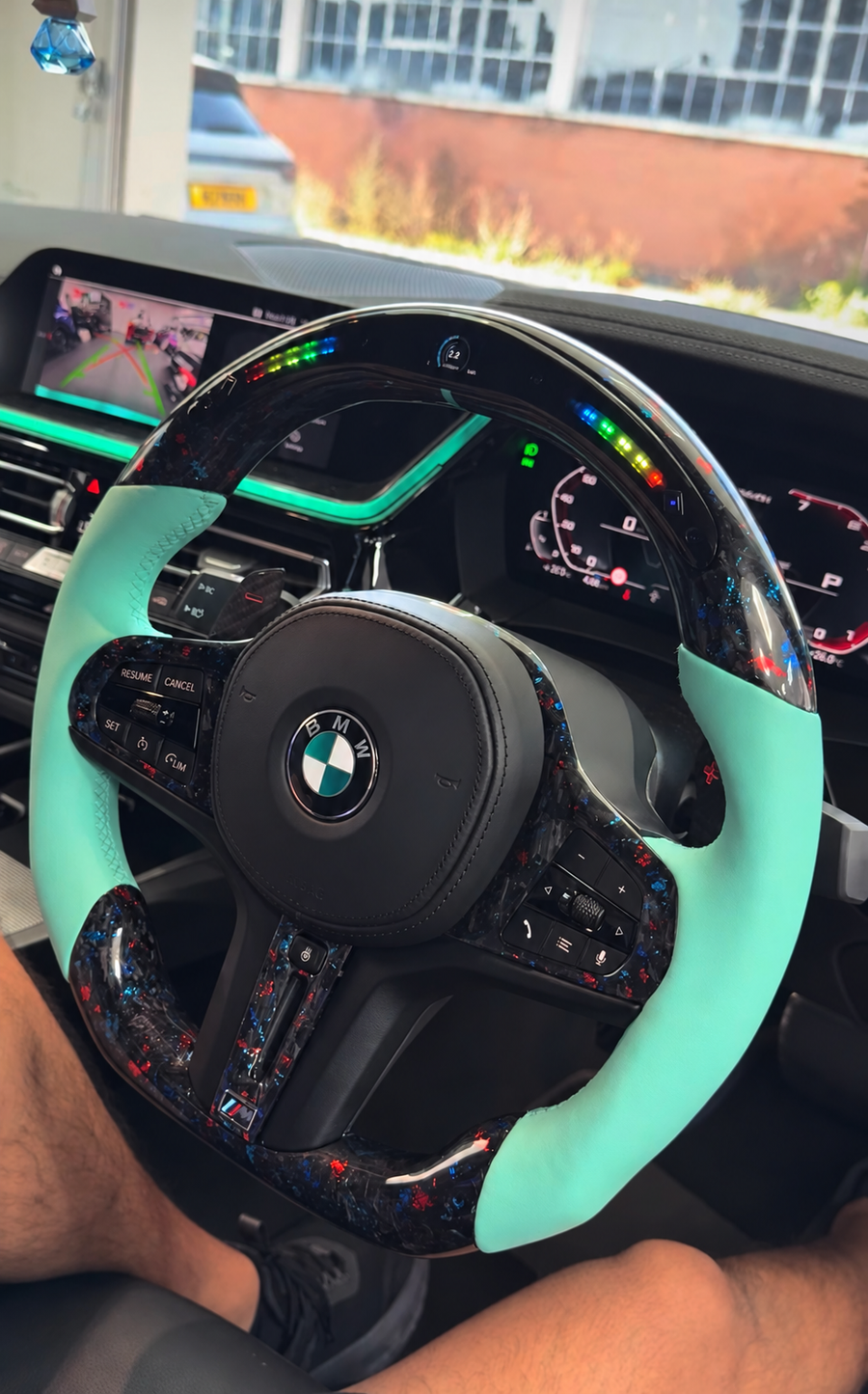BMW Z4 G29 Steering Wheel, Flat Bottom Forged Carbon with Tiffany Blue Leather Grips and LED Race Display, Customer Build