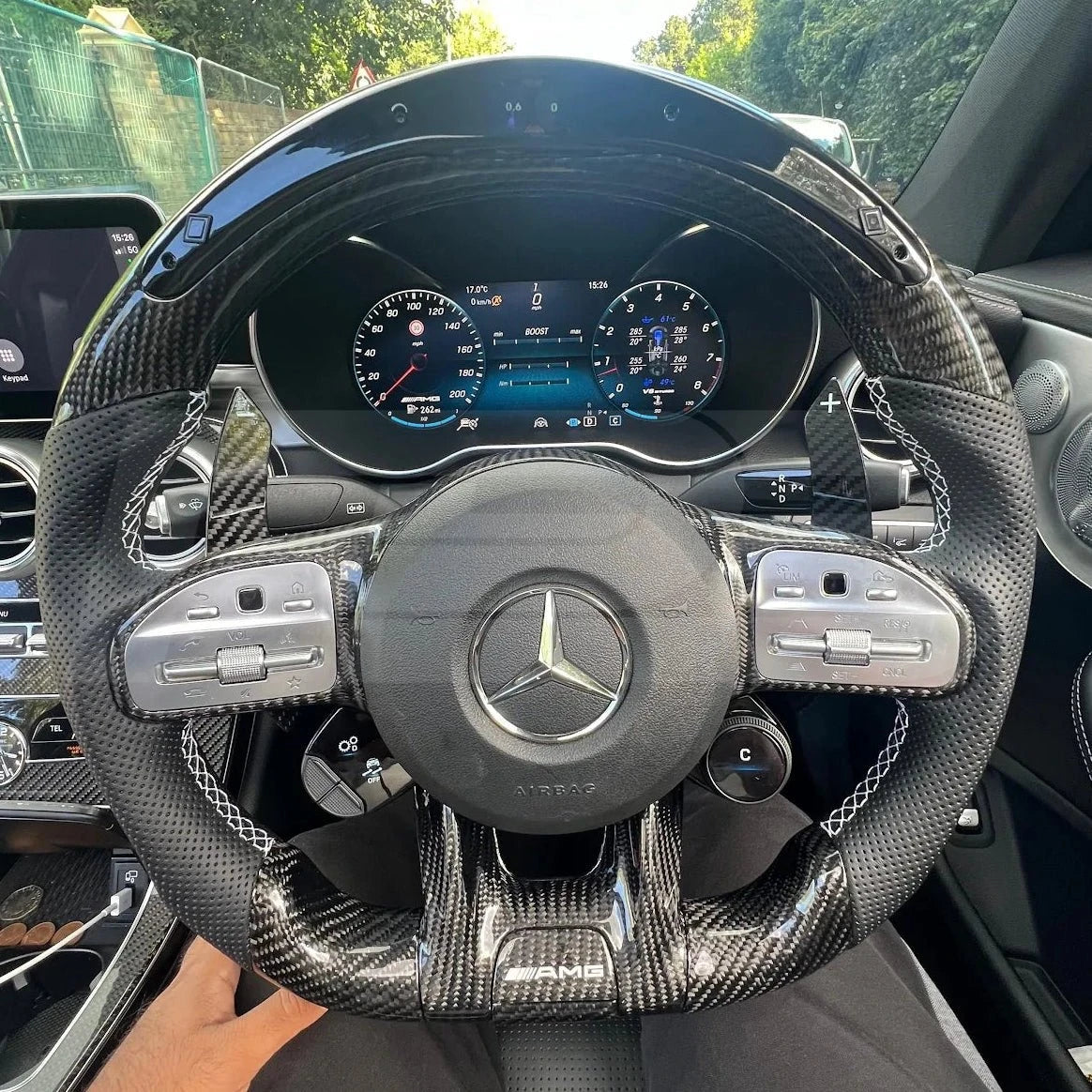 c63 amg w205 facelift custom steering wheel in carbon fibre and perforated leather 
